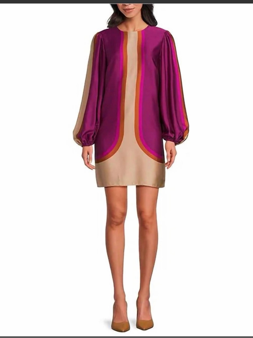 Trina Turk Long sleeve Elm Purple and Beige Colorblock Shift Dress NWT